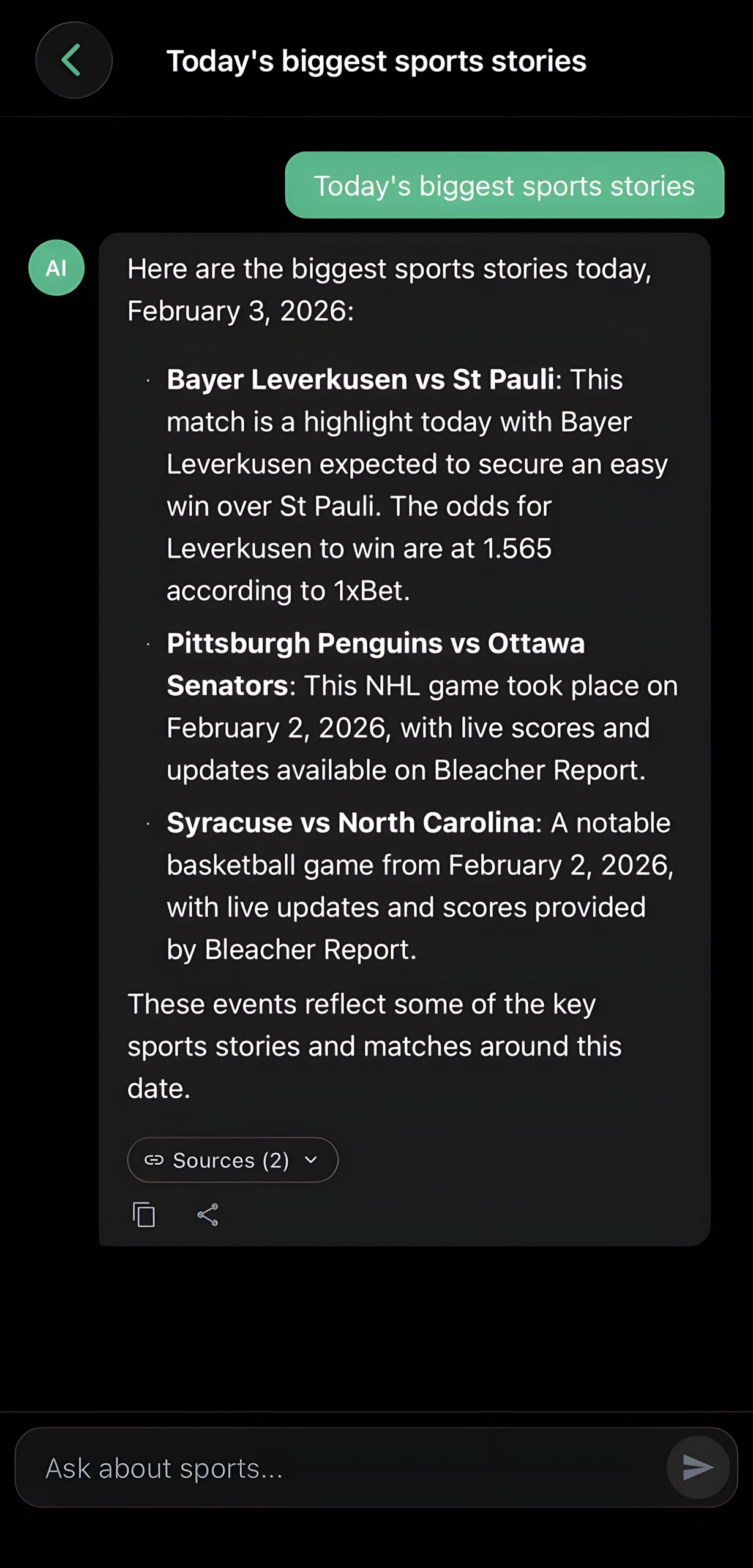 AI assistant answering sports questions