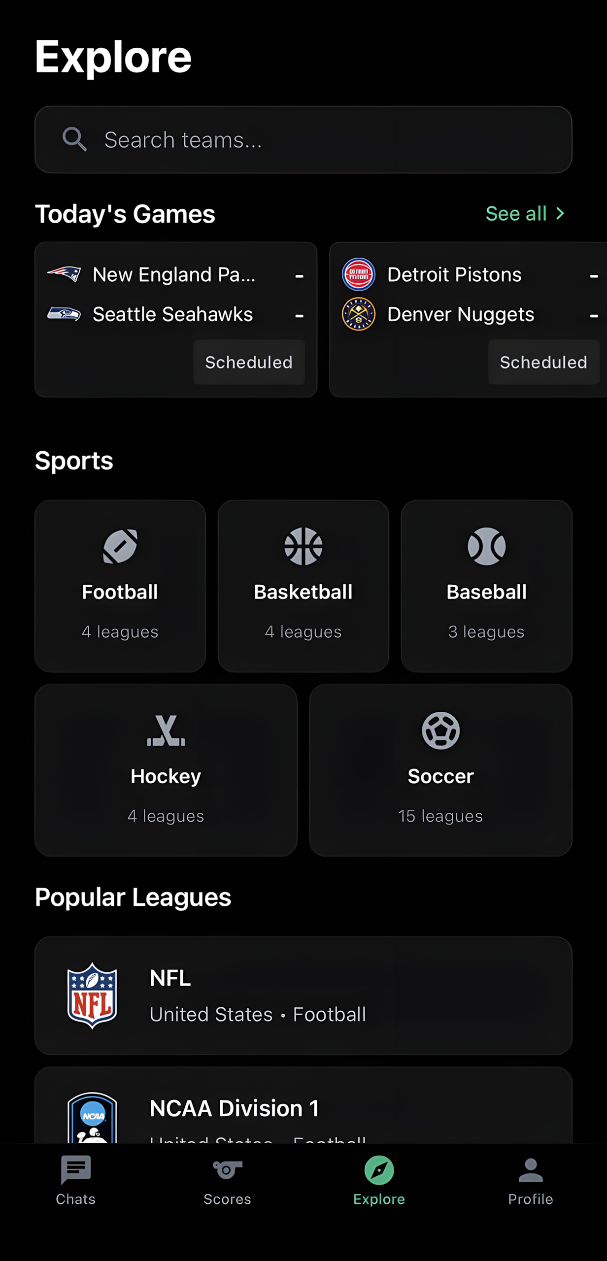 Explore leagues and teams